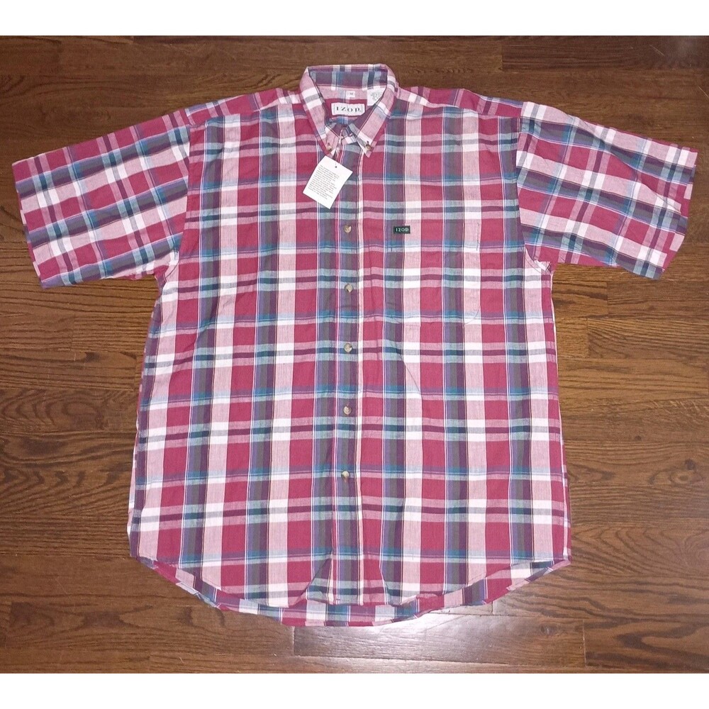 NEW Vintage Izod Shirt Mens Medium Plaid Short Sleeve Deadstock 100% Cotton